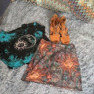 Sun and Moon Patterned Skirt Small Boho